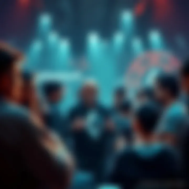 A group of people engaging in a discussion about Ethereum, sharing insights on news, events, and prices in a lively atmosphere.