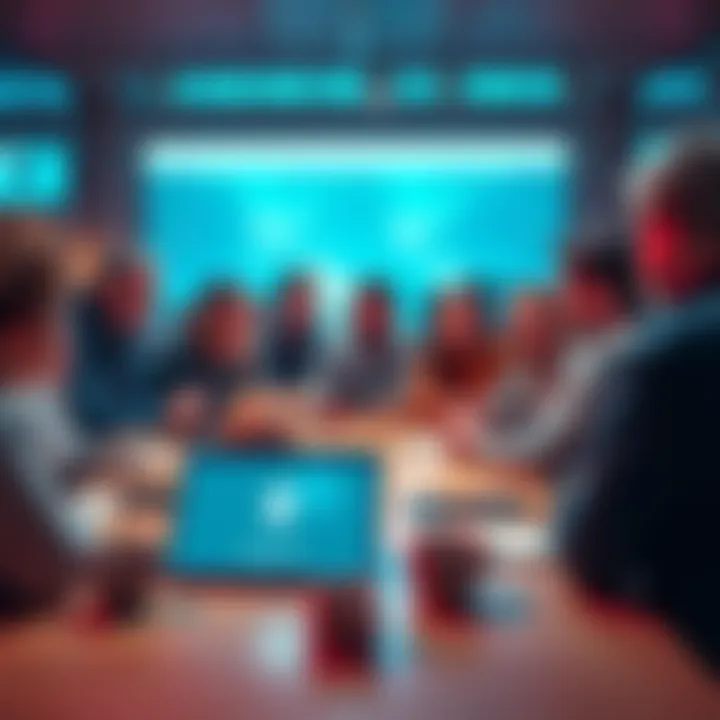 A group of people engaged in a discussion about Ethereum, sharing opinions on price and news, with a laptop and coffee cups on a table, creating a lively atmosphere.