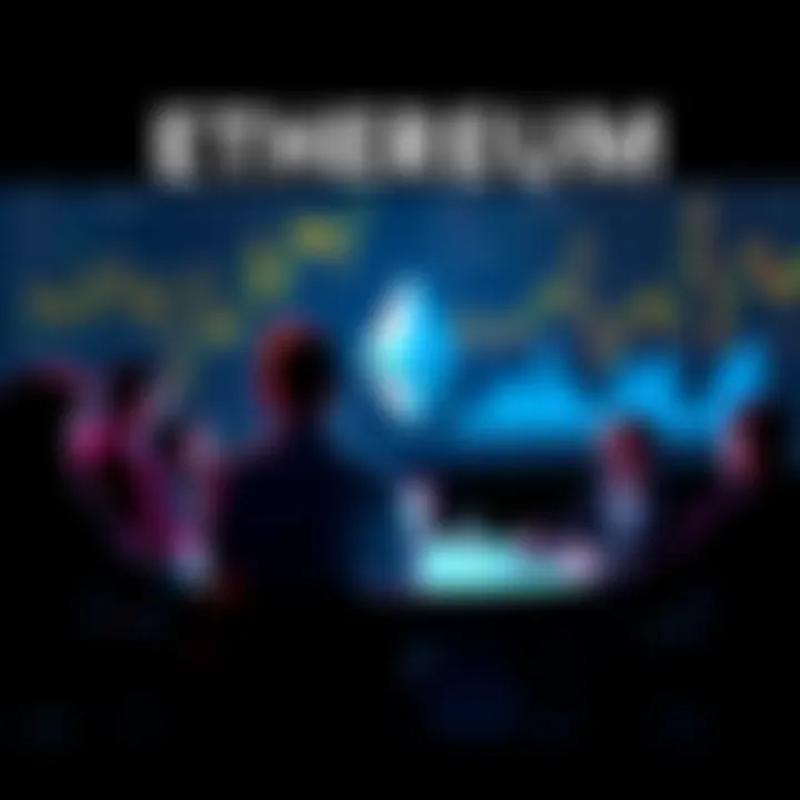 Group of people discussing Ethereum topics with charts and graphs in the background