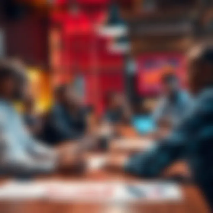 A group of people engaging in a lively discussion about Ethereum with laptops and charts on the table.