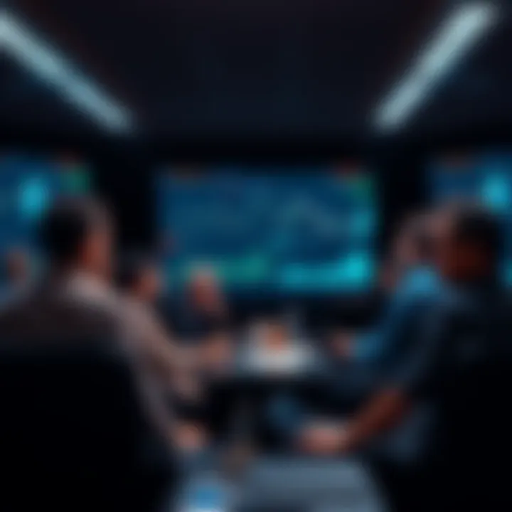 A group of people discussing Ethereum with charts and news articles on a screen