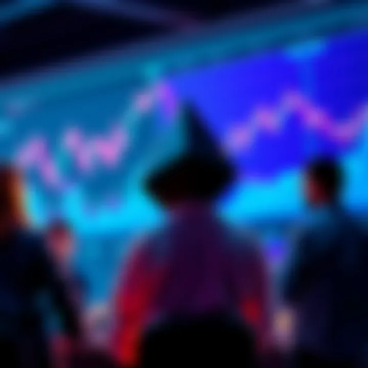 People engaging in a discussion about Ethereum topics, with charts and graphs showing price trends in the background.