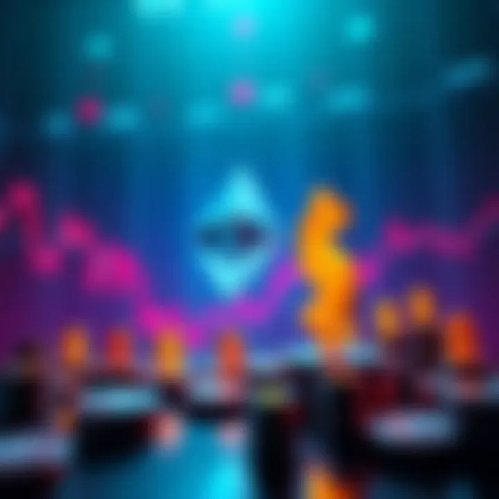 A visual representation of Ethereum trading with charts showing fluctuations and dollar signs, symbolizing trading strategies like market timing and dollar-cost averaging.