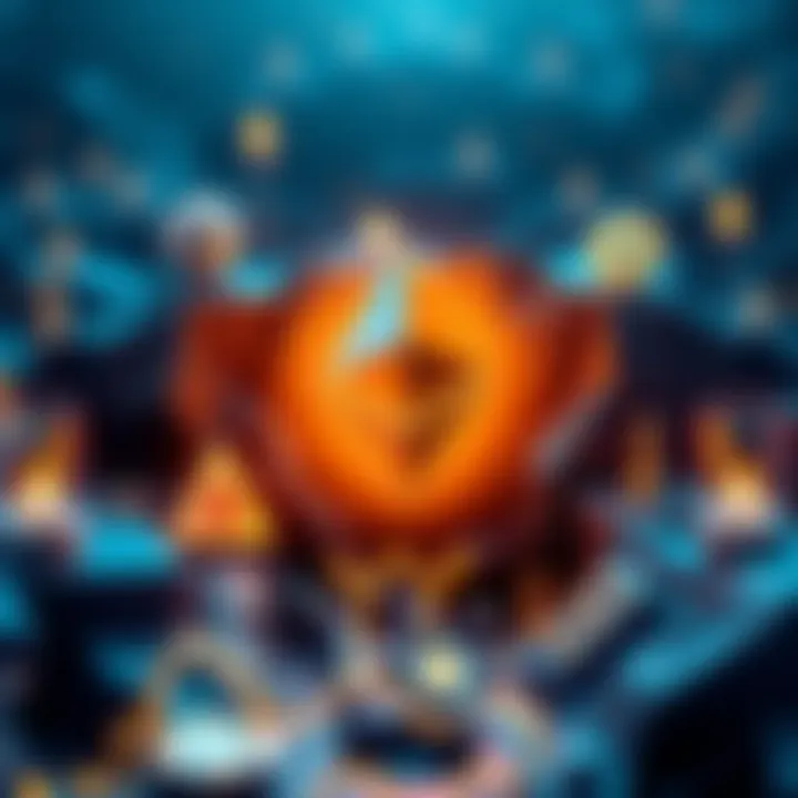 Ethereum Blockchain Concept Illustration showing the Ethereum logo with symbols of cryptocurrency and challenges around it