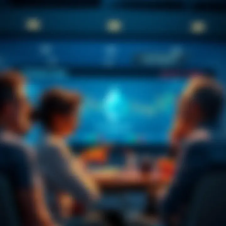 A group of people discussing Ethereum topics with charts and news on a digital screen in the background