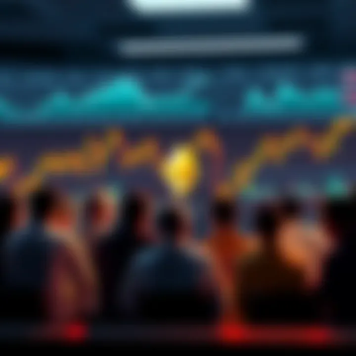 A group of people engaging in a discussion about Ethereum, with charts and graphs showing price trends in the background.