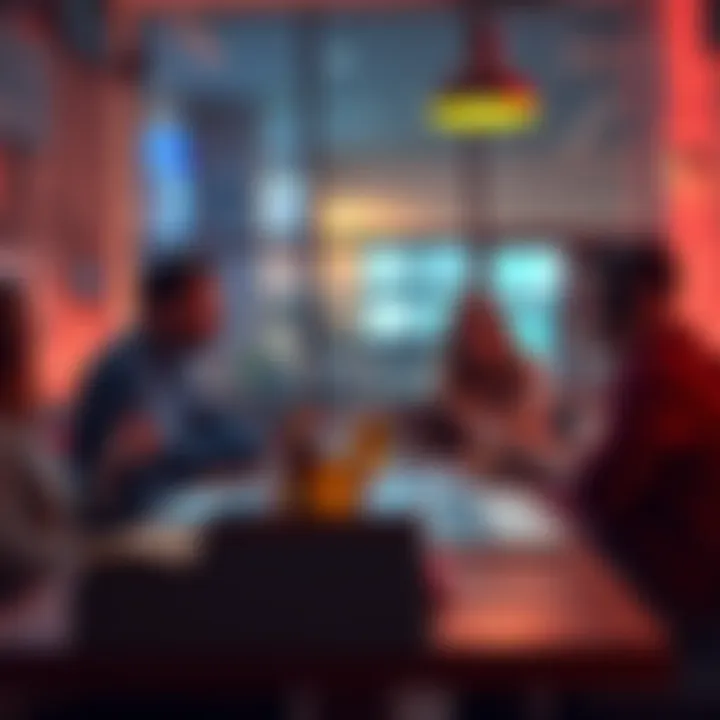 A group of people discussing Ethereum topics with laptops and drinks in a casual setting.