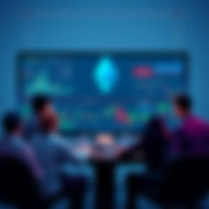 Group of people engaged in an online discussion about Ethereum with charts and news articles on the screen
