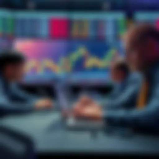 Traders analyzing Ethereum ETF charts with laptops and financial graphs in the background