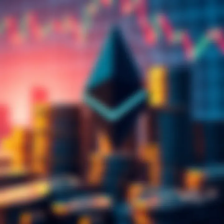 Ethereum logo with stacks of coins and market graphs, representing the recent unstaking of ETH