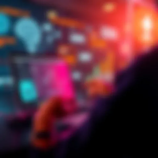 A person using a laptop to invest in AI startups on an Ethereum platform, with graphics of AI and blockchain technology in the background.