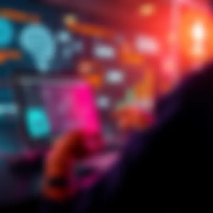 A person using a laptop to invest in AI startups on an Ethereum platform, with graphics of AI and blockchain technology in the background.