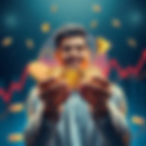 A person holding Ethereum tokens with a hopeful expression, surrounded by upward trending graphs and digital currency symbols