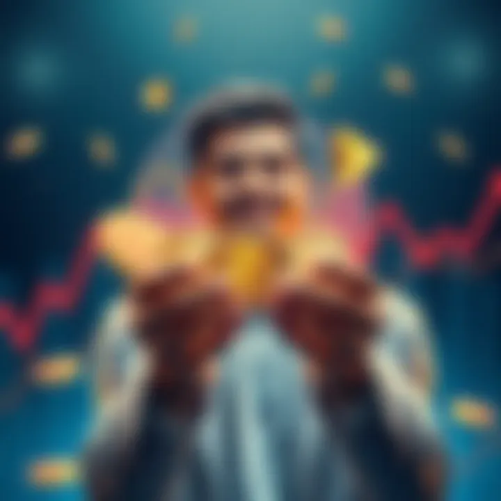 A person holding Ethereum tokens with a hopeful expression, surrounded by upward trending graphs and digital currency symbols
