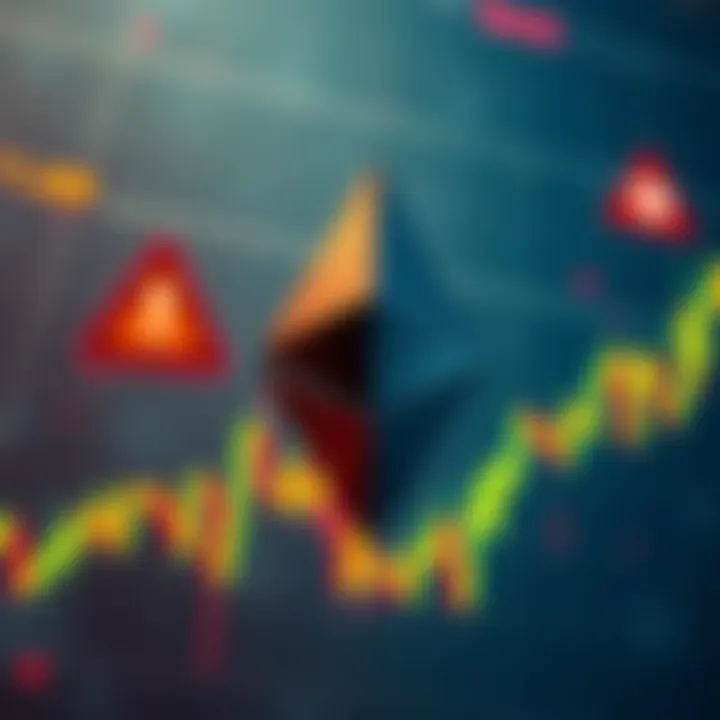 Graph showing Ethereum's price with warning signs indicating market uncertainty and geopolitical issues