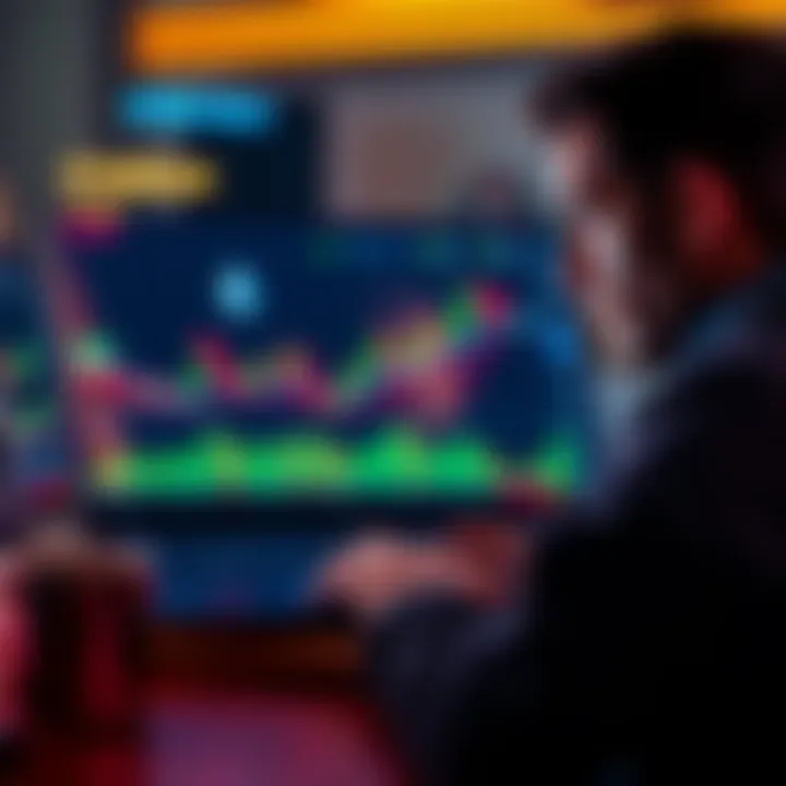 A person analyzing Ethereum price charts on a laptop, with a focused expression, light reflecting on the screen, and coffee mug nearby.