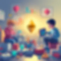 A colorful illustration showing kids learning about Ethereum with building blocks and charts, making the concept easy to understand.