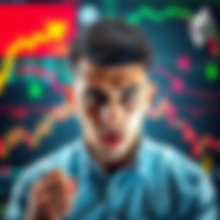 An Ethereum trader looking shocked with financial charts and downward arrows in the background, representing a $50 million loss from a DeFi swap mistake