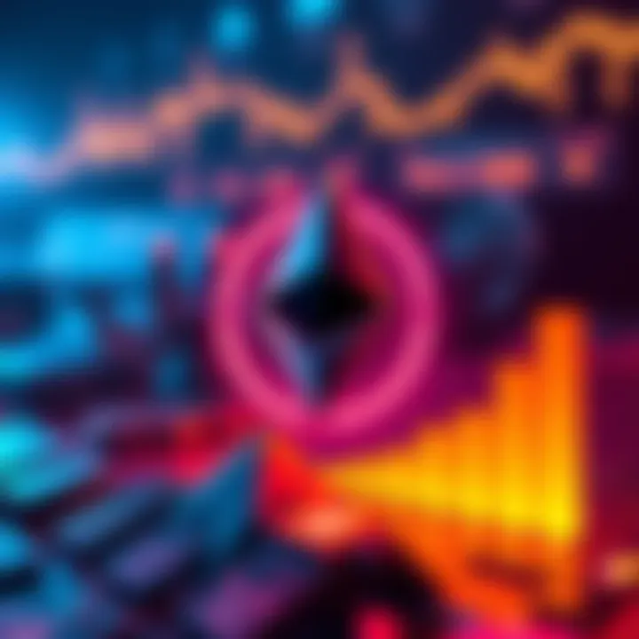 Graphic showing Ethereum logo with increasing transaction graph and low fee indicator