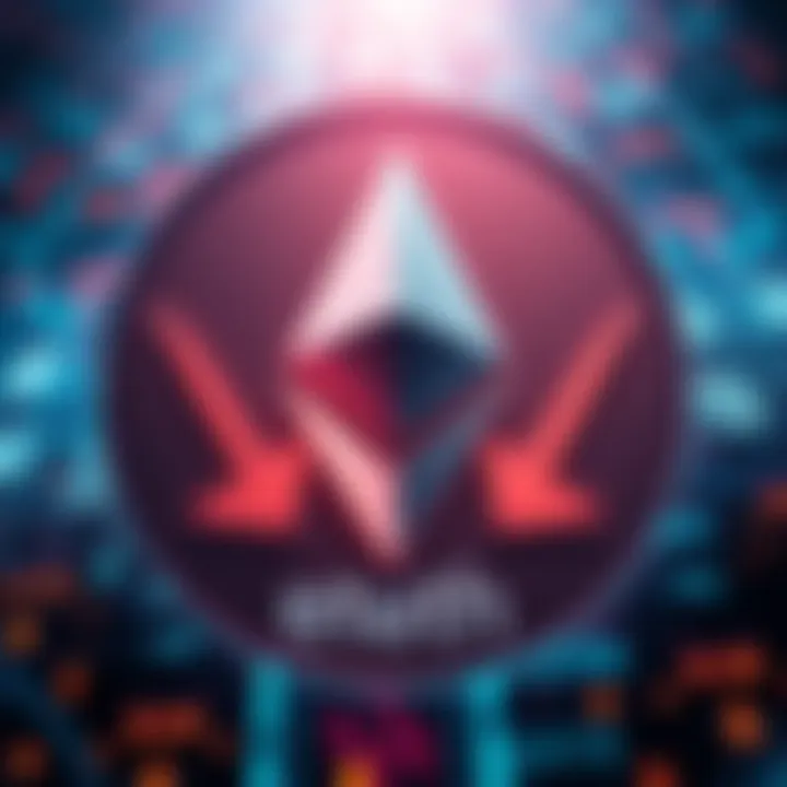 Illustration showing Ethereum symbol with arrows indicating transition from proof of work to proof of stake, with a backdrop of digital transactions, representing speed and cost-effectiveness.