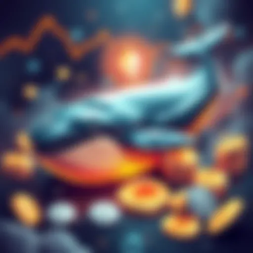 A digital illustration of a large whale symbolizing an Ethereum investor making a significant bet on price increase, surrounded by Ethereum coins and bullish market indicators.