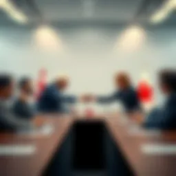 Leaders from the EU and Canada shake hands at a conference table, symbolizing a new partnership in response to tariffs.