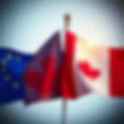 Flags of the European Union and Canada side by side, symbolizing partnership and trade agreement discussions.