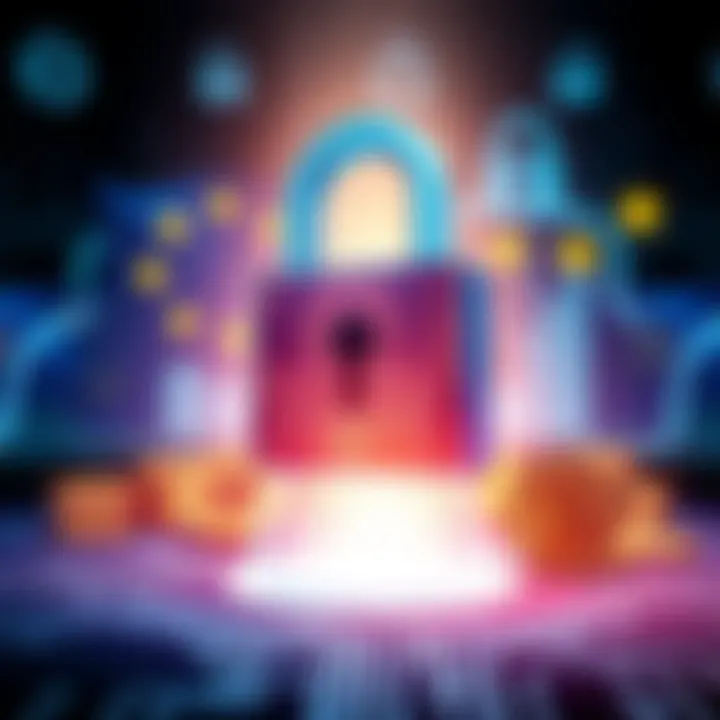 An illustration showing a digital lock representing security over financial data, with a backdrop of cryptocurrency symbols and EU flags, highlighting concerns over privacy and consumer protection.