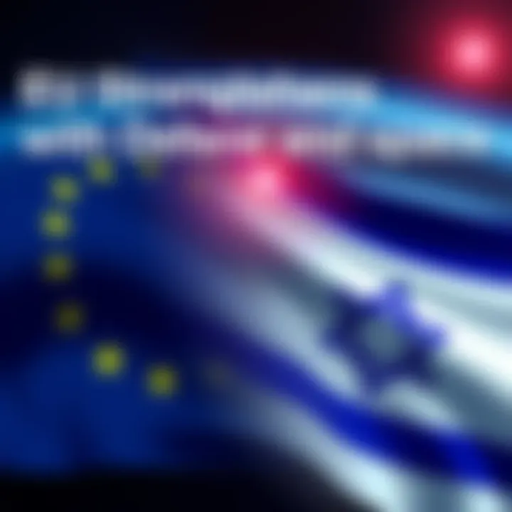 European Union and Israel flags with symbols of air defense and space technology