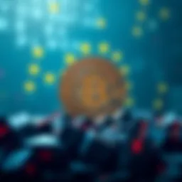 Representation of European banks collaborating to create a new Euro-pegged stablecoin with digital currency symbols in the background