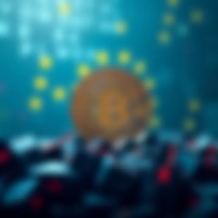 Representation of European banks collaborating to create a new Euro-pegged stablecoin with digital currency symbols in the background