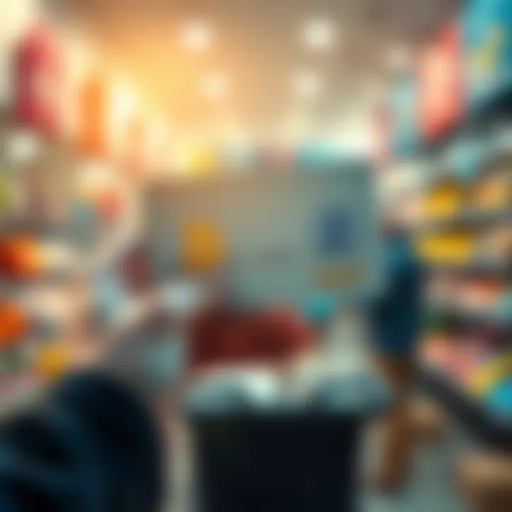 A hand holding a card displaying stablecoin logos like USDC and USDT, with a shopping background