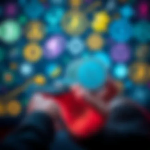 Person holding Tether crypto tokens with a calculator and various cryptocurrency logos in the background