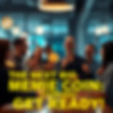 A group of people enthusiastically talking about a new meme coin in a modern setting