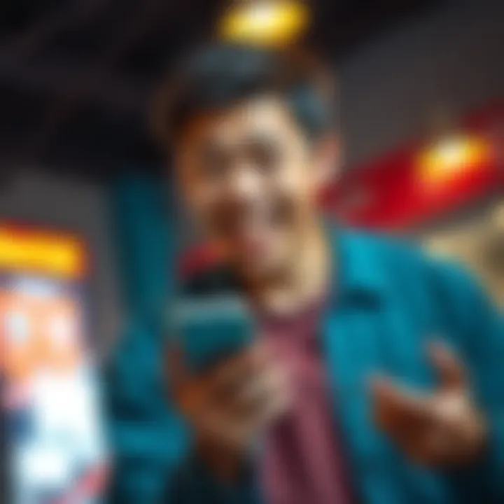 Excited person checking mobile banking app A young person looks pleasantly surprised while checking their mobile banking app for a fast withdrawal