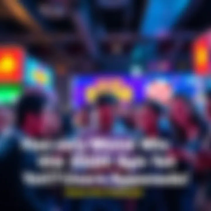 Group of people excitedly discussing the $2500 spin game on their phones, with vibrant app graphics in the background