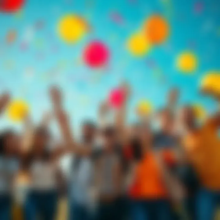 A group of excited people getting ready for an adventure, with colorful balloons and confetti in the air.