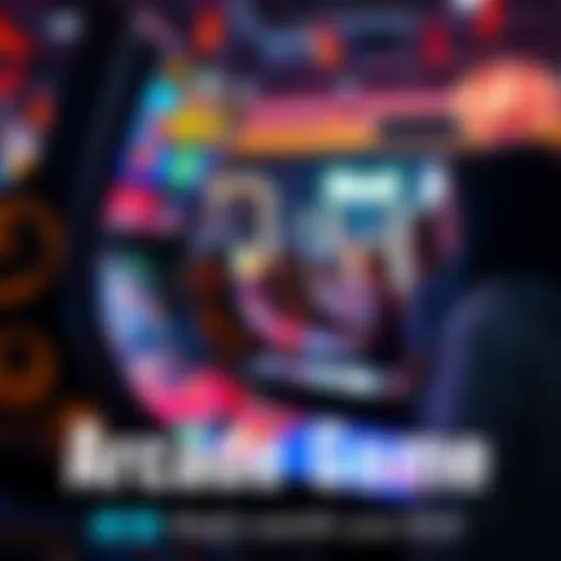 A vibrant arcade game machine with colorful graphics and a joystick, attracting players in a lively arcade setting.