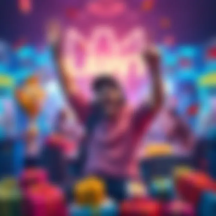 A player celebrating after winning multiple jackpots and legendary items in a video game, surrounded by vibrant game graphics and colorful parcels.