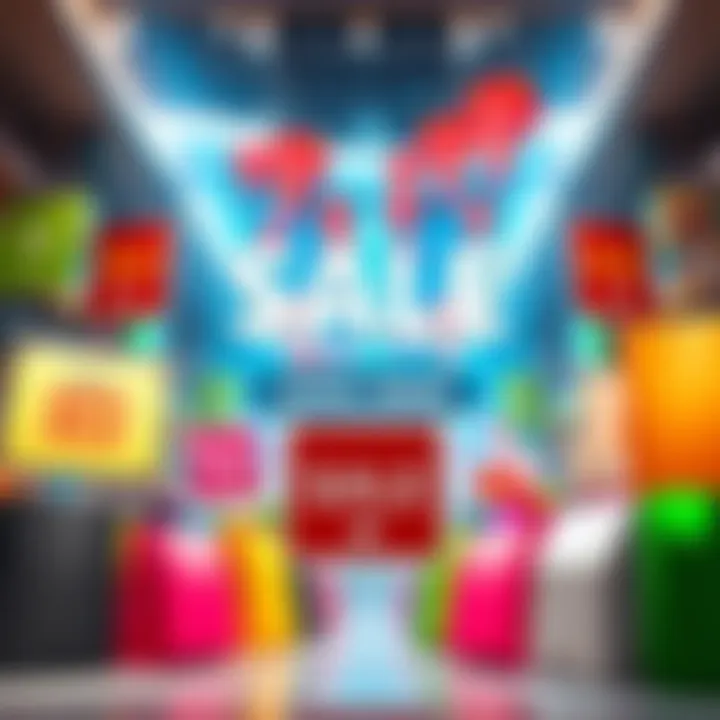 A vibrant display of sale signs and shopping bags illustrating big discounts and excitement among shoppers.