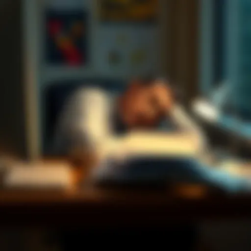 A tired worker slumped over their desk surrounded by papers and a coffee cup, showing signs of fatigue after years on the job.