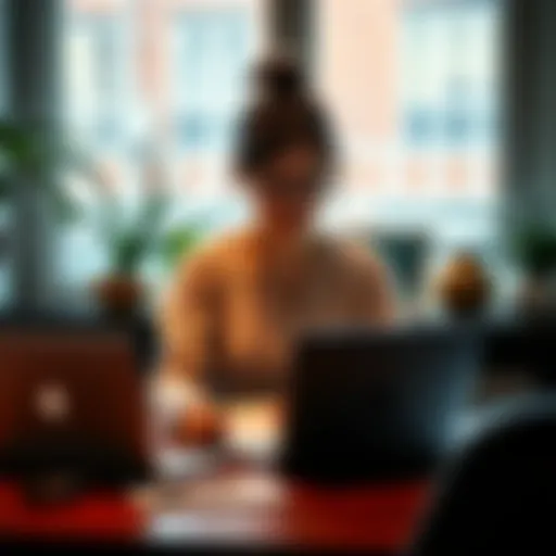 A Moscow-born expat mom in Belgium reviewing crypto trading options at her desk, with a laptop and some notes, while thinking about her son's school expenses.