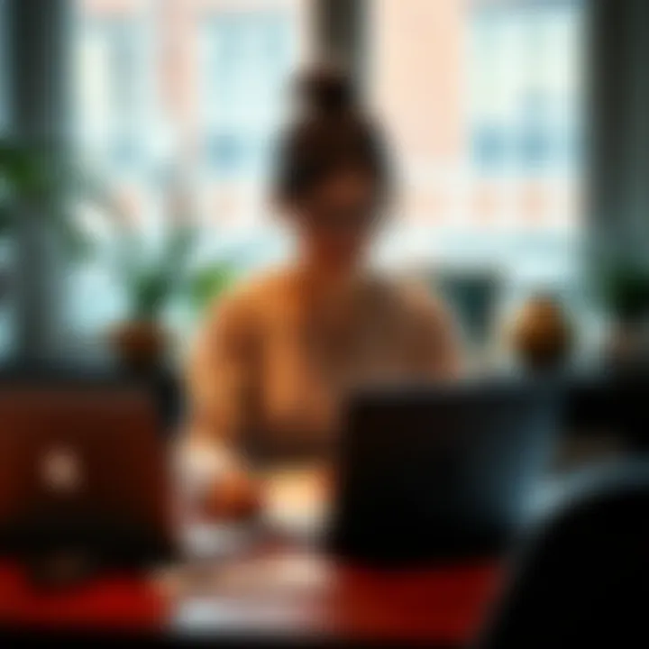 A Moscow-born expat mom in Belgium reviewing crypto trading options at her desk, with a laptop and some notes, while thinking about her son's school expenses.