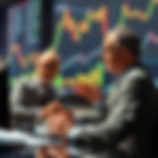 Financial analysts debate about investing at low prices, with charts showing market fluctuations in the background.