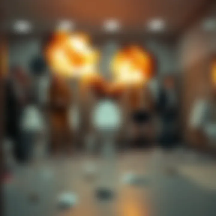A chaotic scene showcasing exploded toilets in a public restroom, with debris scattered and people looking shocked yet unharmed.