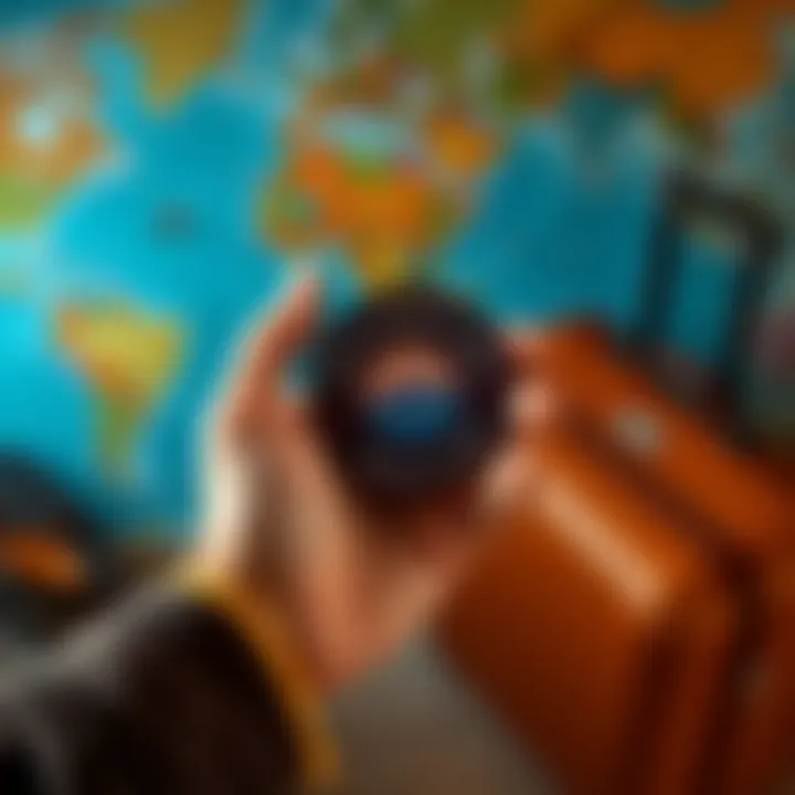 A person holding a travel badge representing membership in an Explorer Club, with a travel map and suitcase in the background.