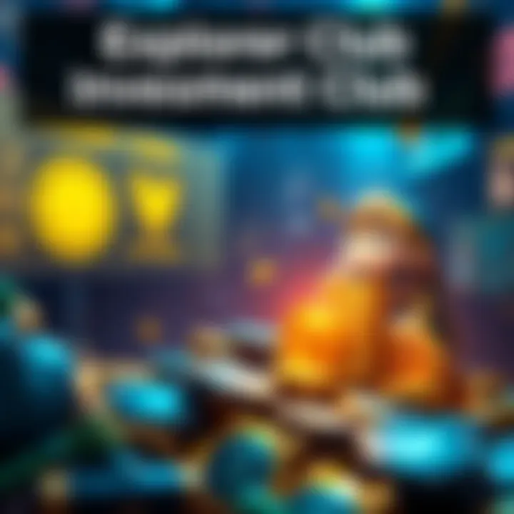 A visual representation showing the benefits of the Explorer Club against free-to-play options in a game, featuring coins and a character contemplating spending.