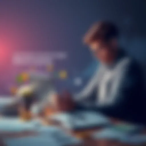 A person reading about cryptocurrency on a laptop, surrounded by digital currency symbols and educational materials.