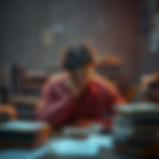 A person deep in thought with books and papers around them, pondering the meaning of reality.