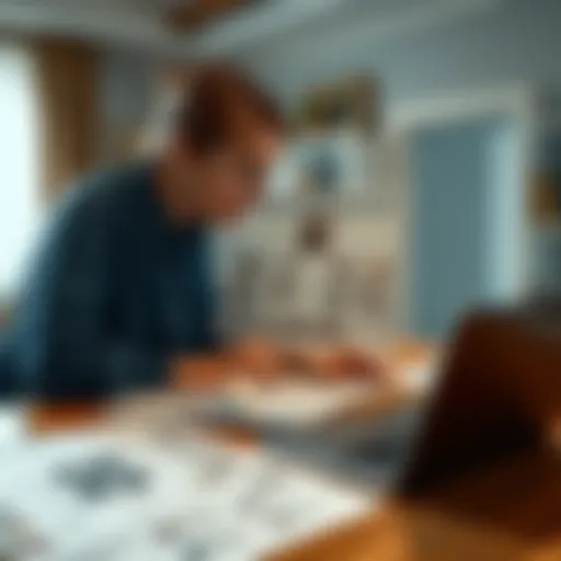 A person looking through a family tree chart with papers and a laptop on a table.